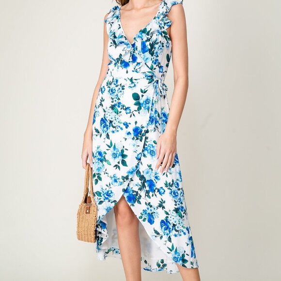 LUMIERE Blue Floral Ruffle Wrap Midi Dress, White Summer Wedding Guest Outfit - Picture 6 of 6